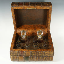 Load image into Gallery viewer, Large Antique French Liquor Caddy Tantalus Box, Decanter &amp; Shot Glasses Trompe l’Oeil Old Leather Books Secret Hidden Mini Bar
