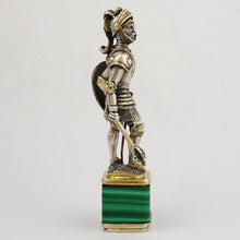 Load image into Gallery viewer, Antique Silver Figural Wax Seal, Desk Stamp, Knight Soldier, Malachite Stone Base
