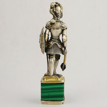 Load image into Gallery viewer, Antique Silver Figural Wax Seal, Desk Stamp, Knight Soldier, Malachite Stone Base
