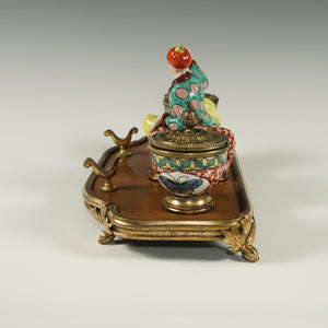 Antique French Chinoiserie Lacquer Wood & Porcelain Figurine Gilt Bronze Inkwell