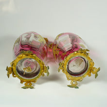 Load image into Gallery viewer, Pair Antique French Gilt Bronze &amp; Cranberry Rubina Glass Vases, Raised Gold Enamel Lions
