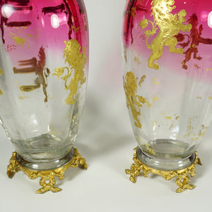 Pair Antique French Gilt Bronze & Cranberry Rubina Glass Vases, Raised Gold Enamel Lions