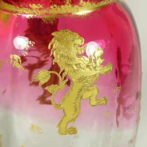 Pair Antique French Gilt Bronze & Cranberry Rubina Glass Vases, Raised Gold Enamel Lions