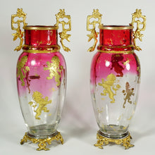 Load image into Gallery viewer, Pair Antique French Gilt Bronze &amp; Cranberry Rubina Glass Vases, Raised Gold Enamel Lions
