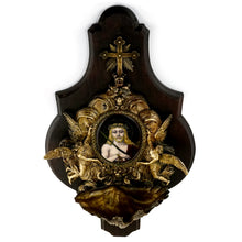 Load image into Gallery viewer, Antique French Bronze Holy Water Font, Limoges Enamel on Copper Miniature Portrait Plaque Painting of Jesus Christ
