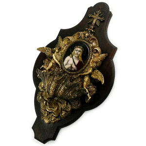 Antique French Bronze Holy Water Font, Limoges Enamel on Copper Miniature Portrait Plaque Painting of Jesus Christ