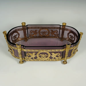 Antique French Empire Style Gilt Bronze Ormolu Purple Glass Table Centerpiece Bowl Jardiniere