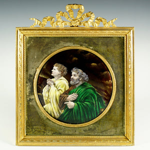 Antique French Limoges Enamel Miniature Portrait Plaque, Gilt Bronze Frame, Religious Scene Saint Peter & John