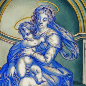 Antique Hand Painted Porcelain Portrait Plaques, Carved Wood Triptych Religious Scenes Alter Piece, Madonna & Child