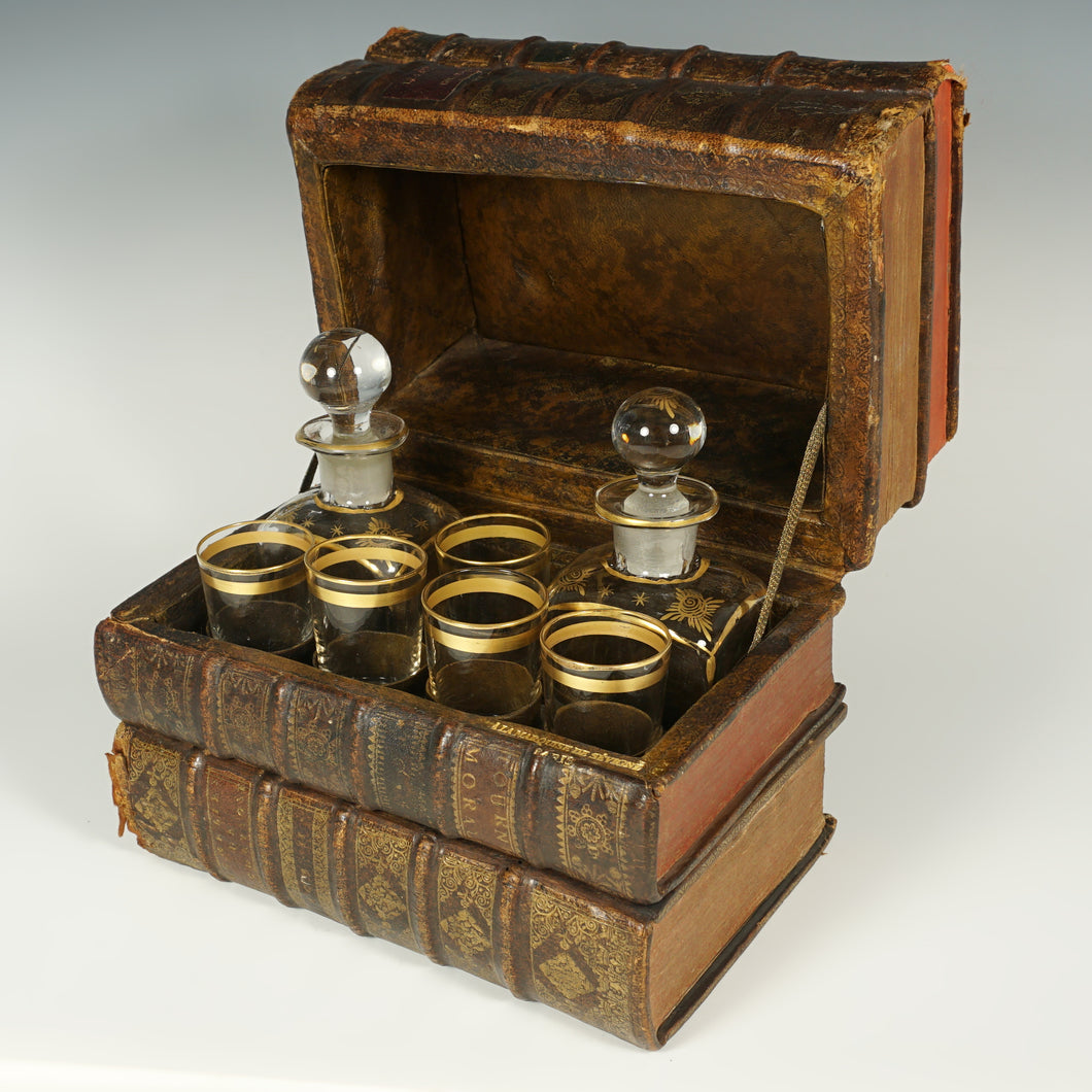 Antique French Trompe l’Oeil Books Liquor Caddy Tantalus Box, Decanter & Shot Glasses Secret Hidden Mini Bar