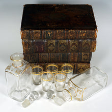 Load image into Gallery viewer, Antique French Trompe l’Oeil Books Liquor Caddy Tantalus Box, Decanter &amp; Shot Glasses Secret Hidden Mini Bar
