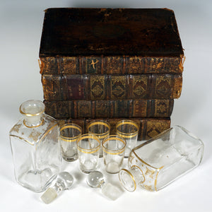 Antique French Trompe l’Oeil Books Liquor Caddy Tantalus Box, Decanter & Shot Glasses Secret Hidden Mini Bar