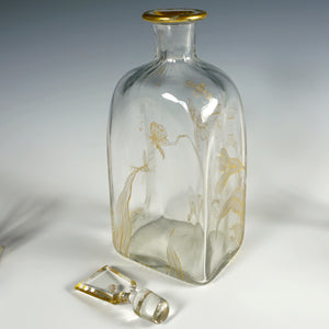 Antique French Glass Liquor Service, Aesthetic Style Gilded & Engraved Insects, Decanter & Cups Set