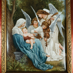Antique French Hand Painted Porcelain Plaque Madonna & Baby Jesus Miniature Portrait Religious Genre Painting, Mother & Child, Angels Music