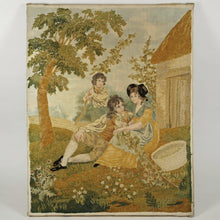 Load image into Gallery viewer, Antique French Chenille Embroidery Painted Silk Panel, Silkwork Embroidered Needlework Sampler, Country Pastoral Scene of Family
