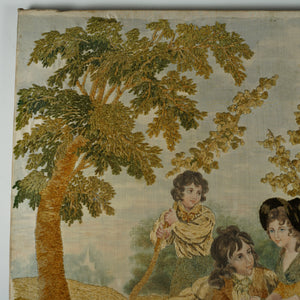 Antique French Chenille Embroidery Painted Silk Panel, Silkwork Embroidered Needlework Sampler, Country Pastoral Scene of Family