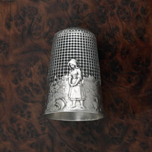 Vintage French .800 Silver Sewing Thimble, Fontaine Fable The Milkmaid & Broken Pitcher of Milk, Farm Scene