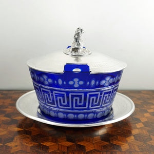 Antique French Sterling Silver & Cobalt Glass Butter Dish, Beurrier, Goat Finial