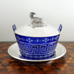 Antique French Sterling Silver & Cobalt Glass Butter Dish, Beurrier, Goat Finial