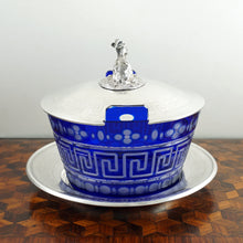 Load image into Gallery viewer, Antique French Sterling Silver &amp; Cobalt Glass Butter Dish, Beurrier, Goat Finial
