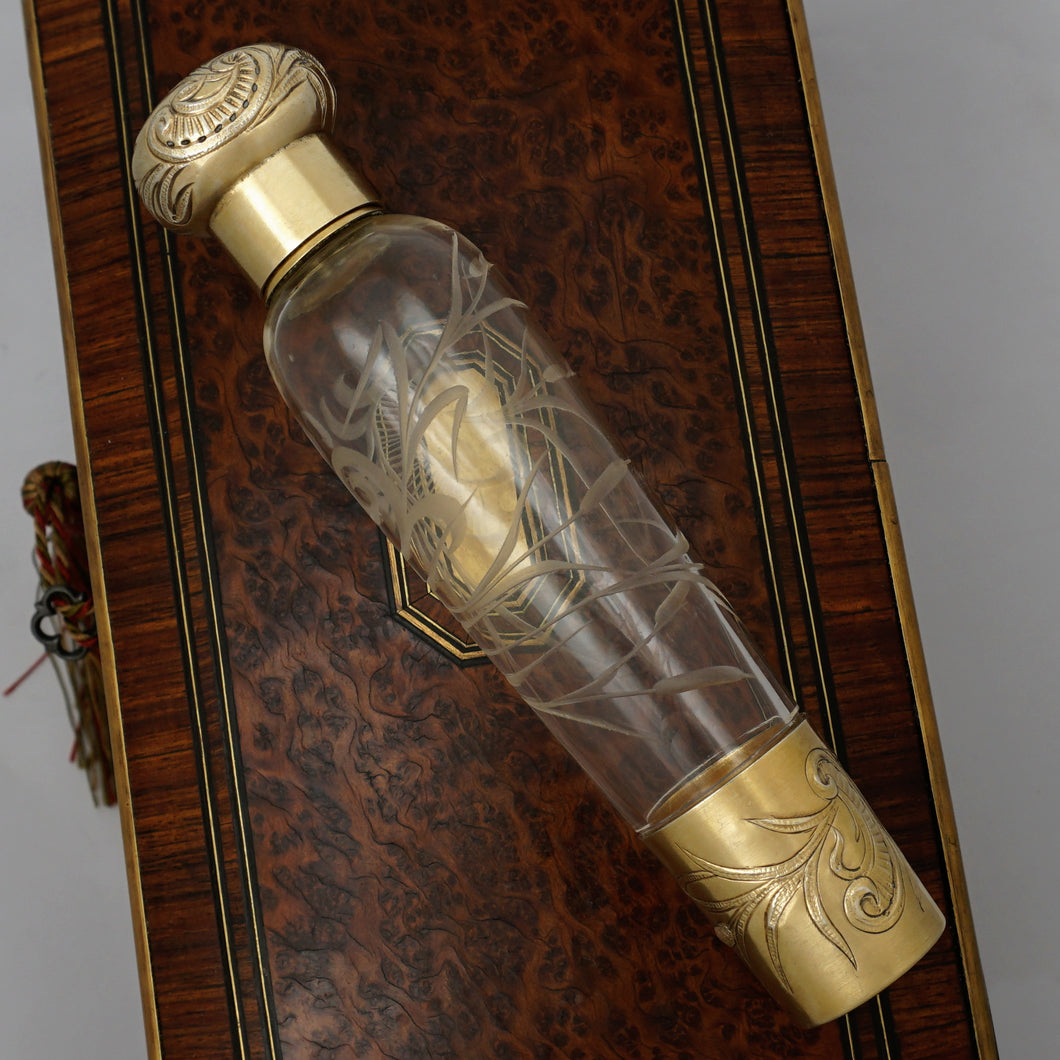 Antique French Sterling Silver Gilt Vermeil Engraved Glass Liquor Flask, Perfume Bottle
