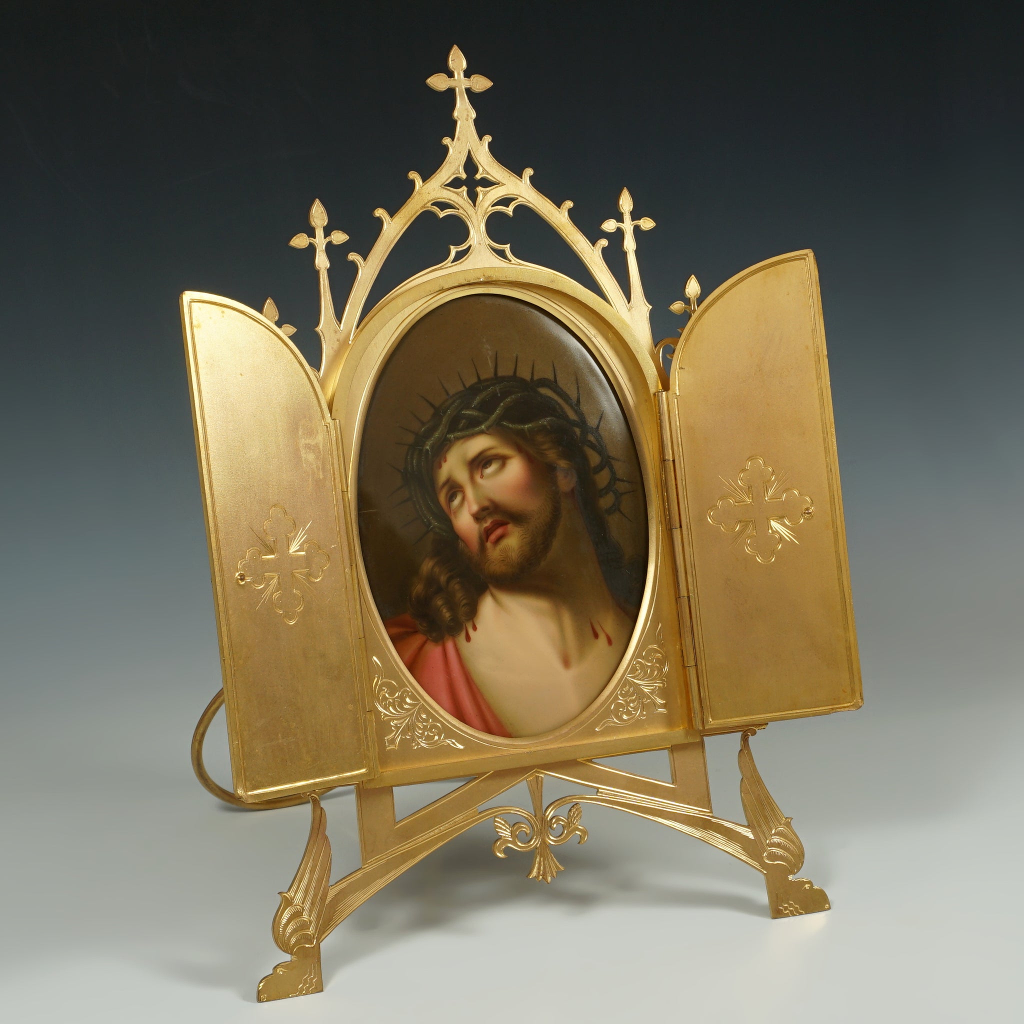 Antique Gilt Bronze Triptych Frame Hand Painted Porcelain Plaque Jesus –  The Antique Boutique