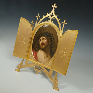 Antique Gilt Bronze Triptych Frame Hand Painted Porcelain Plaque Jesus Christ Crown Thorns Religious Painting