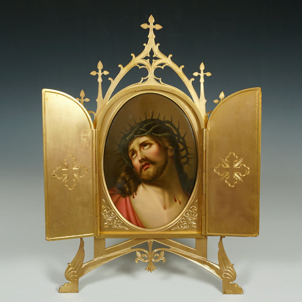 Antique Gilt Bronze Triptych Frame Hand Painted Porcelain Plaque Jesus Christ Crown Thorns Religious Painting