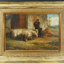 Load image into Gallery viewer, Henri de Beul (1845-1900) Antique Belgian Oil Painting Farm Scene, Sheep Flock, Shepherd &amp; Dog Pastoral Landscape
