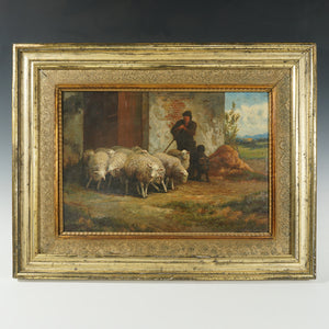 Henri de Beul (1845-1900) Antique Belgian Oil Painting Farm Scene, Sheep Flock, Shepherd & Dog Pastoral Landscape