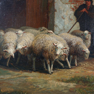 Henri de Beul (1845-1900) Antique Belgian Oil Painting Farm Scene, Sheep Flock, Shepherd & Dog Pastoral Landscape