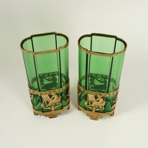 PAIR Antique French Green Glass Vases Empire Style Ormolu Bronze