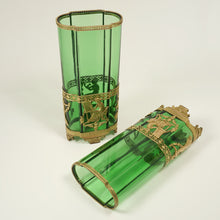 Load image into Gallery viewer, PAIR Antique French Green Glass Vases Empire Style Ormolu Bronze
