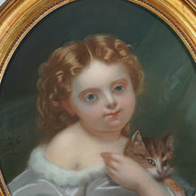 Load image into Gallery viewer, Antique Pastel Portrait Young Girl &amp; Kitten, Signed, Gilt Wood Oval Frame
