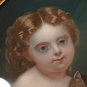 Antique Pastel Portrait Young Girl & Kitten, Signed, Gilt Wood Oval Frame