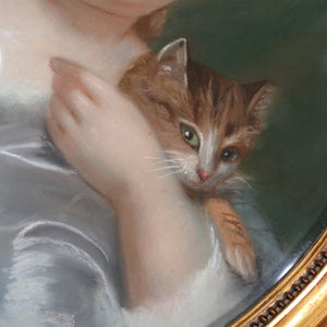 Antique Pastel Portrait Young Girl & Kitten, Signed, Gilt Wood Oval Frame