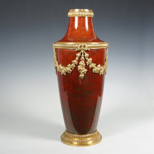 Antique French Paul Milet Sevres Ceramic Vase Gilt Bronze Ox Blood Sang De Boeuf Red Flambe Glaze