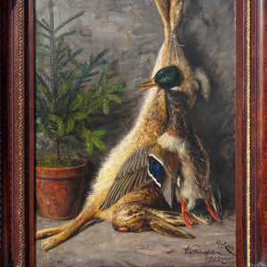 Antique Still Life Painting, German Artist Signed & Dated, Fruits of the Hunt, Hare & Duck Wild Game