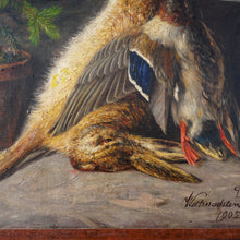 Load image into Gallery viewer, Antique Still Life Painting, German Artist Signed &amp; Dated, Fruits of the Hunt, Hare &amp; Duck Wild Game
