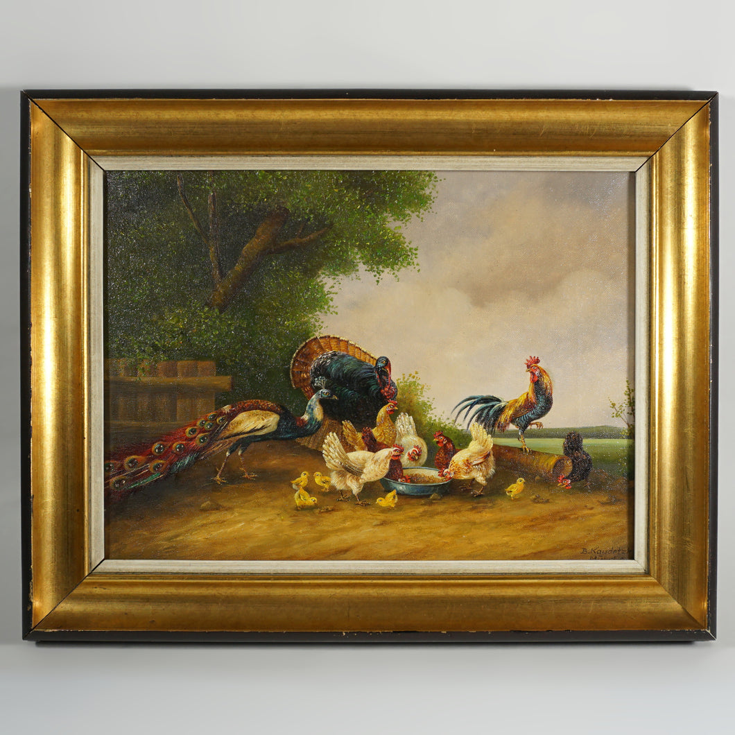 Signed German Oil Painting Farm Landscape Poultry Birds, Peacock, Turkey, Chickens & Rooster, BOGDAN KAUDETZKY (1898-1964)