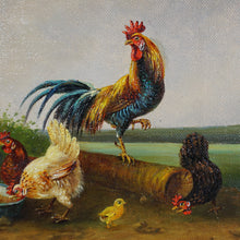 Load image into Gallery viewer, Signed German Oil Painting Farm Landscape Poultry Birds, Peacock, Turkey, Chickens &amp; Rooster, BOGDAN KAUDETZKY (1898-1964)
