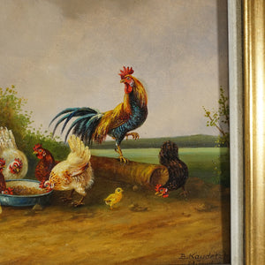 Signed German Oil Painting Farm Landscape Poultry Birds, Peacock, Turkey, Chickens & Rooster, BOGDAN KAUDETZKY (1898-1964)