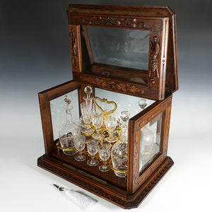 Antique Black Forest Liquor Tantalus Carved Wood Cabinet Box Caddy Victorian Engraved Crystal Decanters & Cordial Glasses