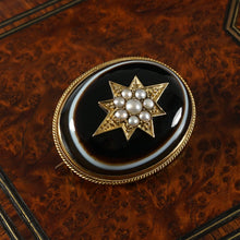 Load image into Gallery viewer, Antique Victorian 14K Gold Mourning Brooch Bullseye Banded Agate, Seed Pearls

