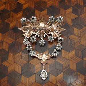 Antique Diamond Dangle Brooch, Silver & Rose Gold Floral Form