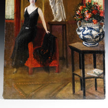 Load image into Gallery viewer, Art Deco Portrait of a Lady, Interior Genre Scene, Oil Painting, 1920s Great Gatsby Style Flapper Dress
