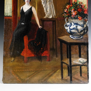 Art Deco Portrait of a Lady, Interior Genre Scene, Oil Painting, 1920s Great Gatsby Style Flapper Dress
