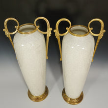 Load image into Gallery viewer, Pair Tall Art Deco French Ceramic &amp; Bronze Vases, Crackle Glaze
