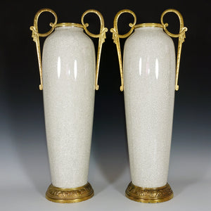Pair Tall Art Deco French Ceramic & Bronze Vases, Crackle Glaze