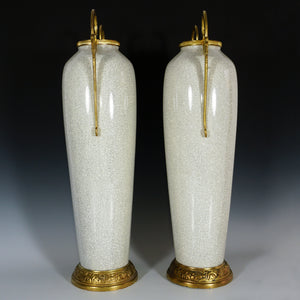 Pair Tall Art Deco French Ceramic & Bronze Vases, Crackle Glaze